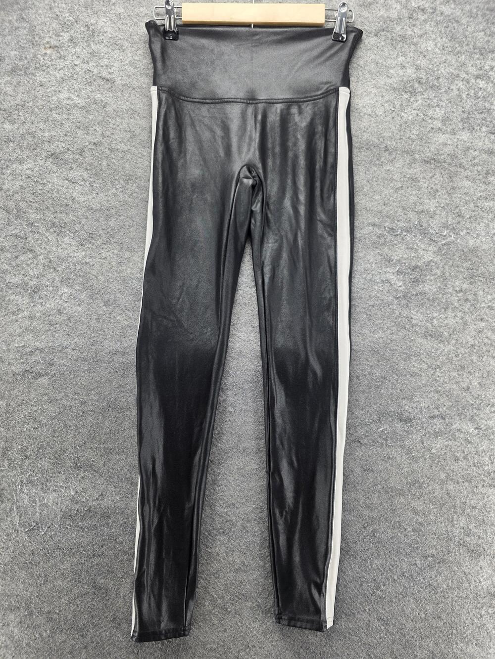 Spanx Leggings Womens M Black Ankle Mid Rise Shaping Striped Polyester